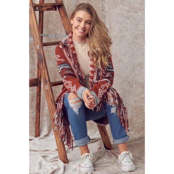 SOLD OUT Cowichan Boho Aztec Native Fringe Print Soft Knit Cardigan Sweater - Picture 4 of 9